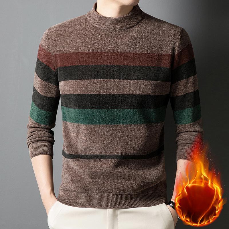 

Зимний полосатый свитер с круглым вырезом для мужчин - повседневный свитер из смеси полиэстера, средней эластичности, с длинными рукавами и ребристой вязкой, теплый свитер стандартного кроя 3XL темно-коричневого