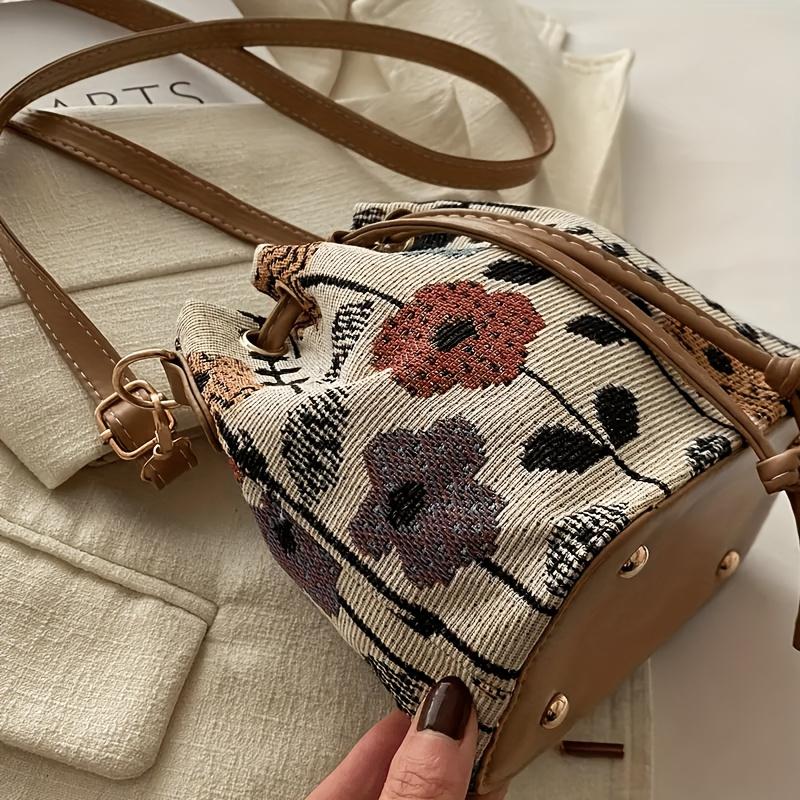 Women's Bucket Bag with Bright Flower Pattern and Adjustable Drawstring Messenger Bag, Suitable for Beach Tourism Parties