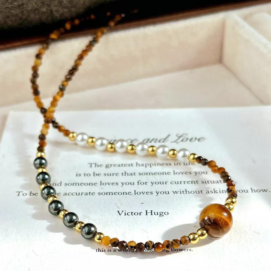 Vintage Strong Light High Quality Natural Tiger'S Eye Stone Artificial Crystal Pearl Necklace Collarbone Chain