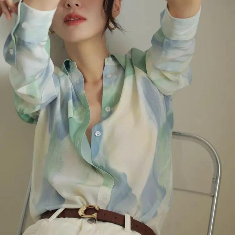 Elegant Watercolor Print Long Sleeve Button Up Shirt For Women S зелёный