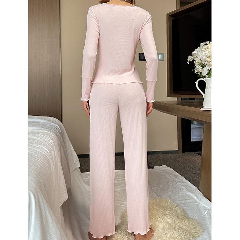 Womens Loungewear Set V-Neck Long Sleeve Pants Slim Fit Soft Home Sleepwear