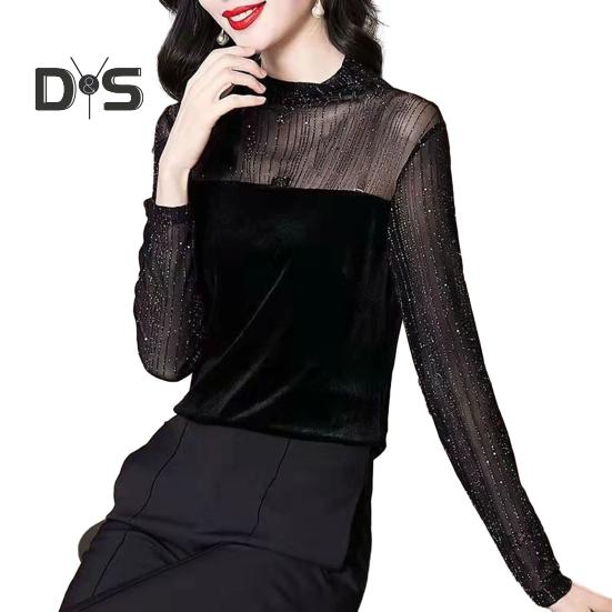 

Женская рубашка в блестящую полоску, прозрачная кружевная пэчворк, длинный рукав, воротник-стойка, однотонный мягкий пуловер, женская блузка для поездок на работу чёрный