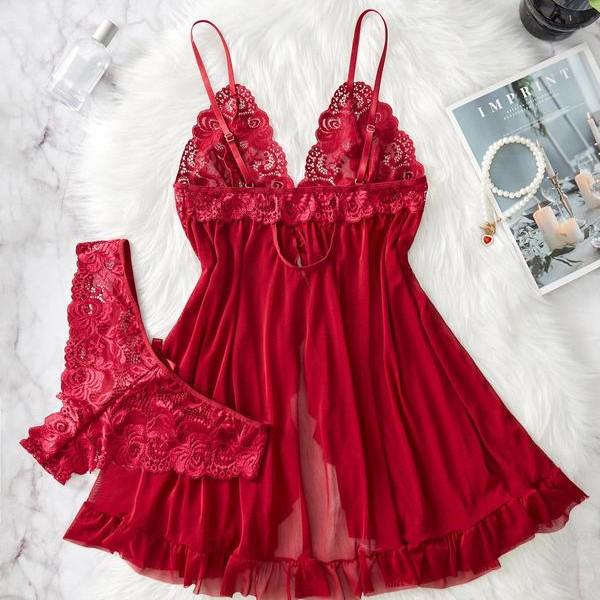 Lace Mesh Spliced Sexy Pajamas Lingerie Set for Women - European & American Style