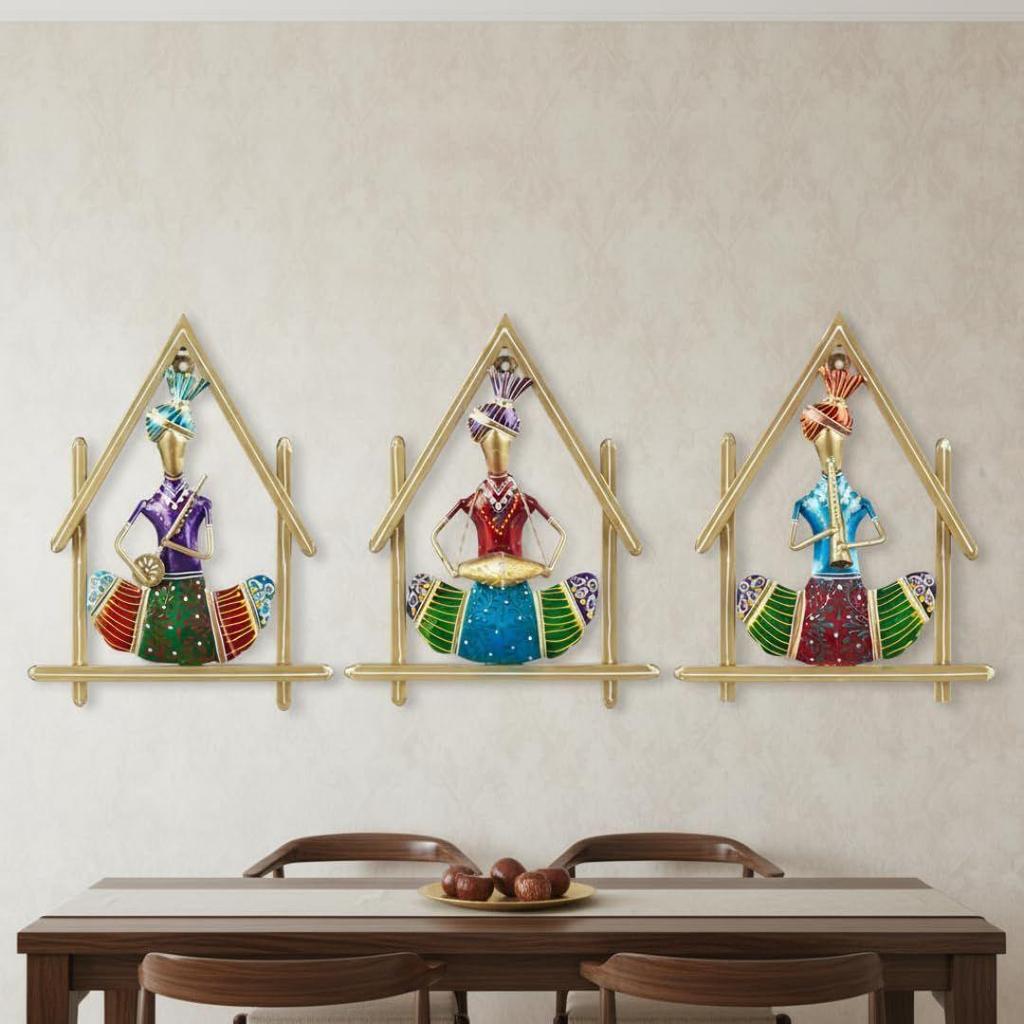 Set of 3 Rajasthani Hut Musicians Wall Hangings for Home Decoration, Metal Wall Art Frame Multicolor Wall Sculpture for Living Room (25L X 2W X 31H)