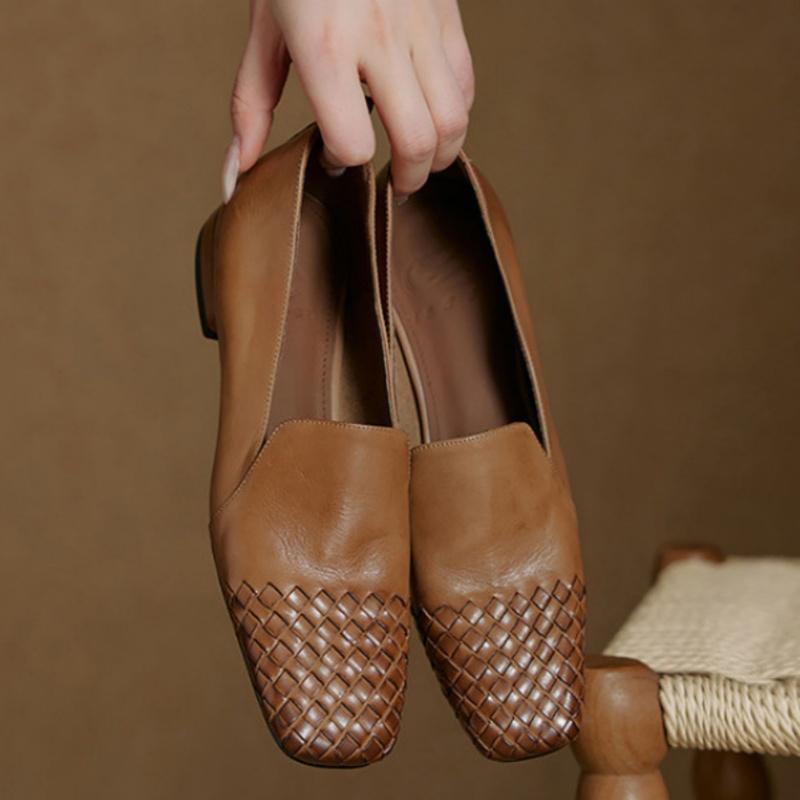 Fashion Roman Retro Cow Wave Natural Leather Women Loafers 2025 Autumn Fashion Slip-on Flat Shoes Square Toe New Style Women Shoes