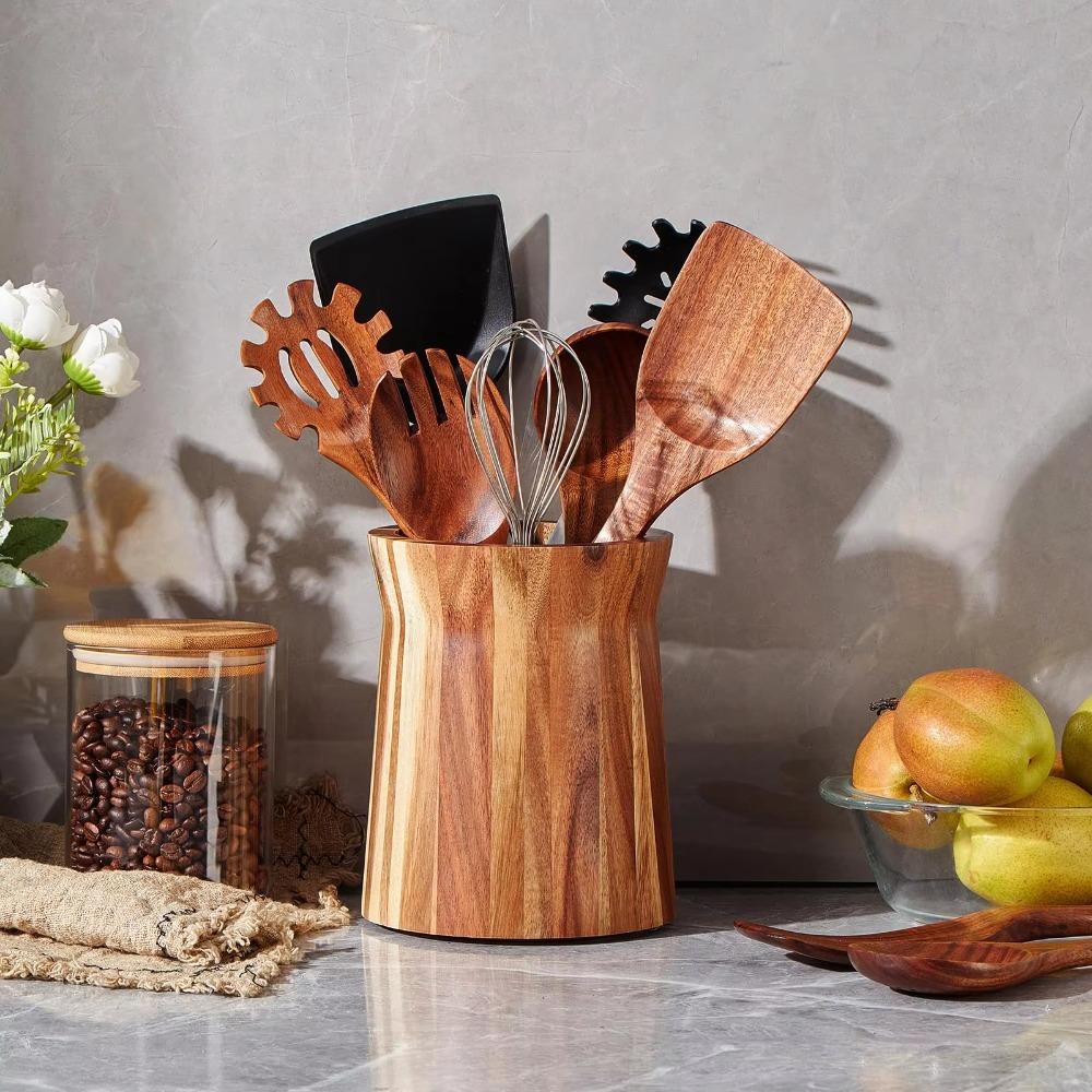 Wooden 360-Degree Rotating Utensil Holder Trapezoidal Smooth Surface Cutlery Organizer Farmhouse Style Dinnerware Rack Spatulas