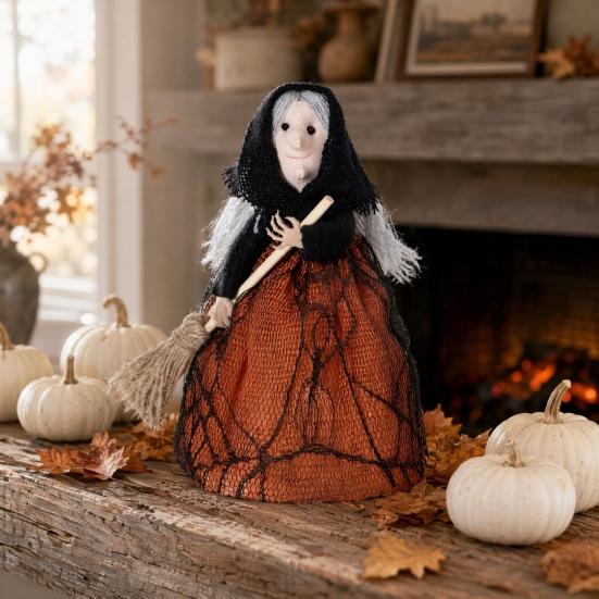 Halloween Küchenhexe Puppe Kleine Hexenstatue mit Besen Tischdekoration für Tisch