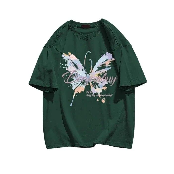 Sommer Uformelle y2k topper T-skjorter harajuku overdimensjonert sommerfugltrykk i ren bomull T-skjorte Grafisk Dame T-skjorter Hipster kawaii klær