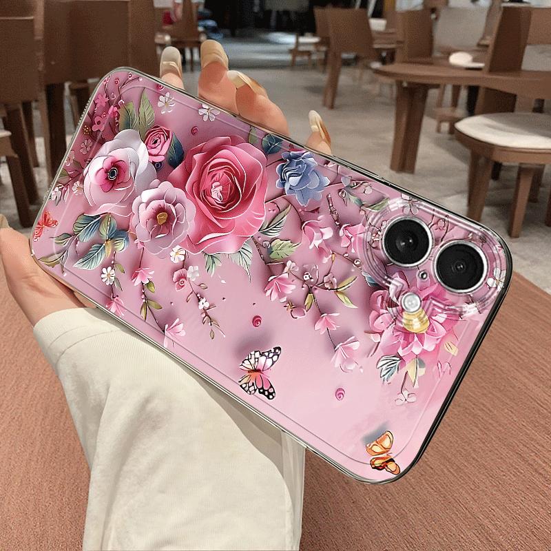 Pink Floral Butterfly Phone Case Suitable for iPhone 17 16 15 14 13 12 11 Pro/Max/Plus Anti Drop and Shockproof Back Cover