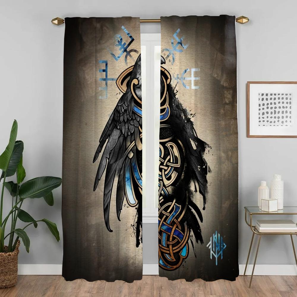 Vikings Odins Ravens Muninn Elegant Room Curtains 2 Pieces Window Curtain Shades Curtains for Bedroom Halloween Decoration Child