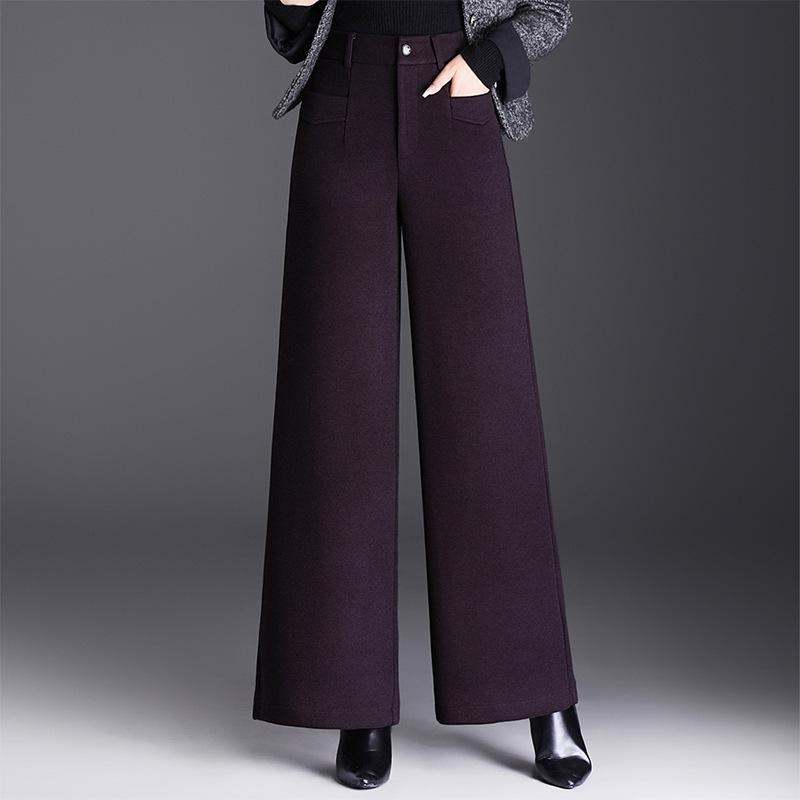 Elegant High-Waisted Wide-Leg Woolen Pants - Women s Warm Casual Loose Straight-Leg Trousers M