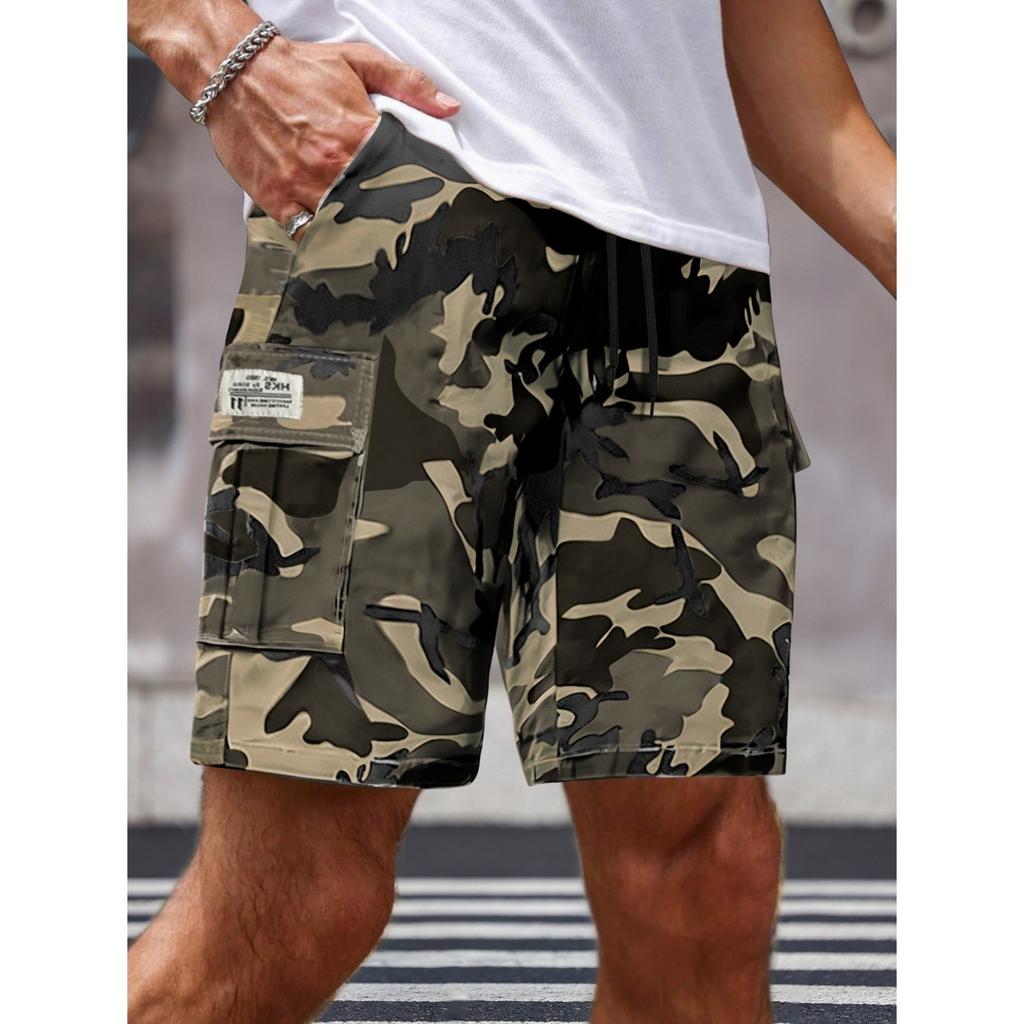 Pánské maskáčové cargo šortky, ležérní volný střih, šněrovací, ke kolenům