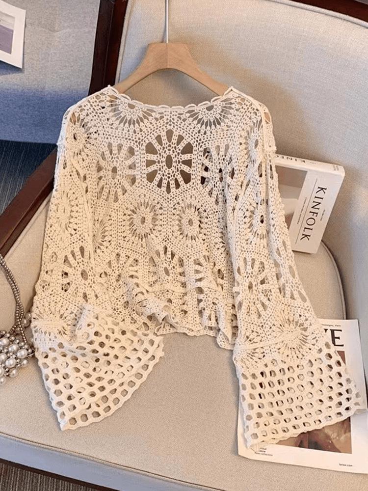 Cárdigan Chal de Ganchillo Bohemio con Cordones - Estilo Verano Resort para Mujer, Top de Manga Larga