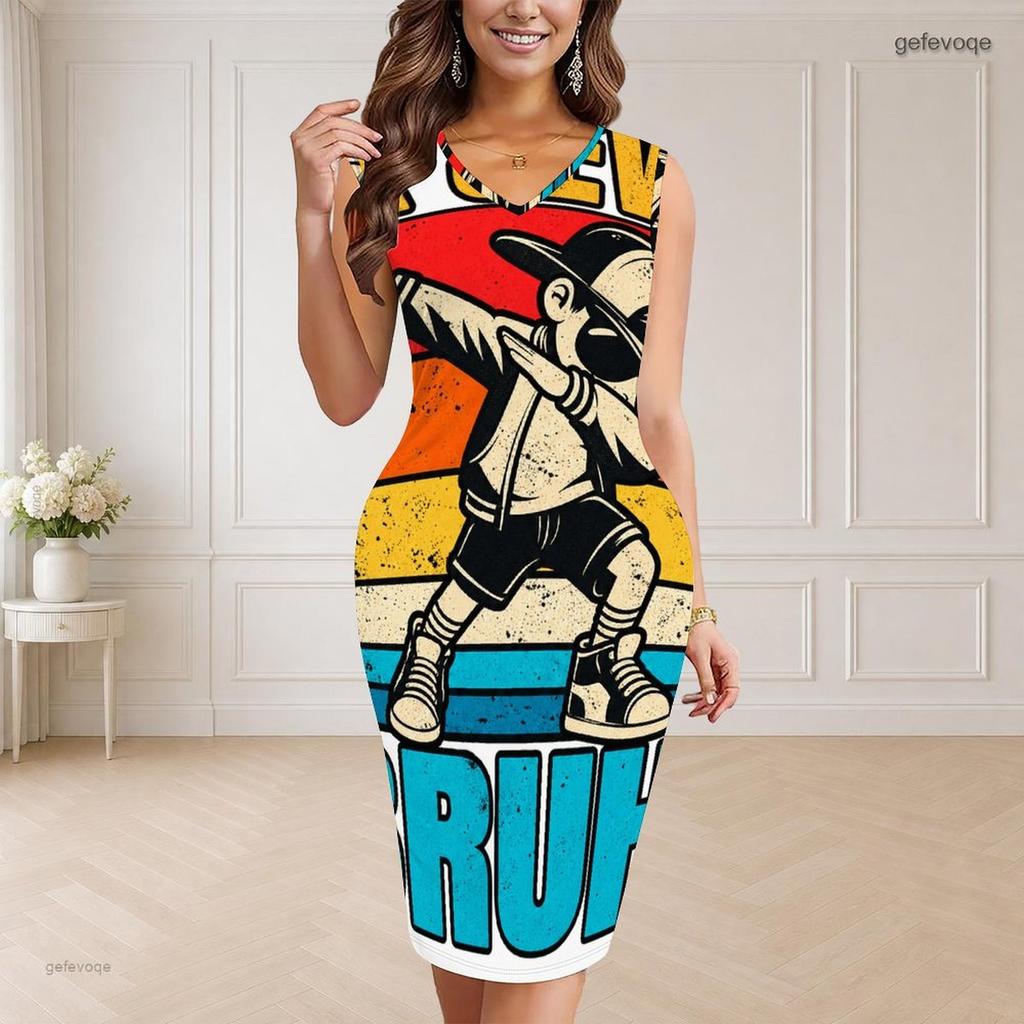 Women Plus Size V Neck Sleeveless Shamrock Printed Bodycon Midi Dress