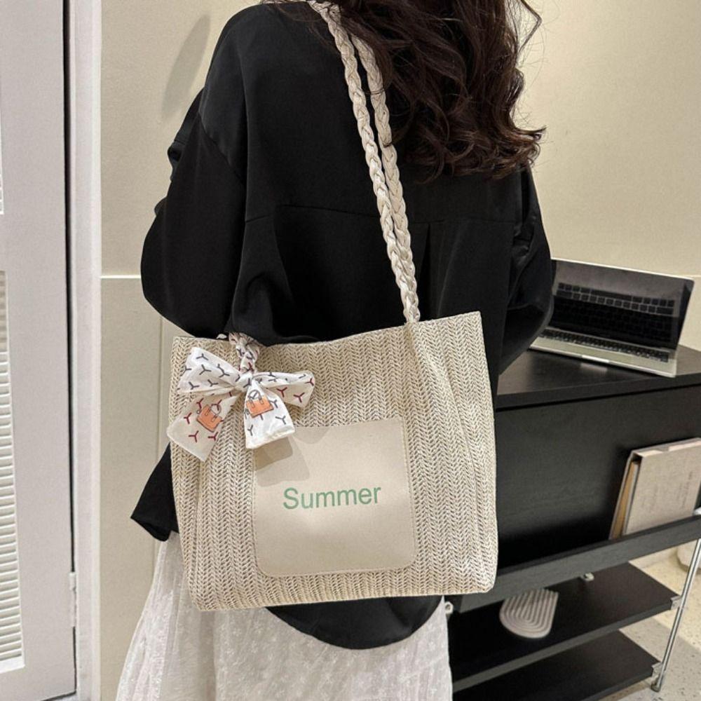 Ribbon Beach Shoulder Bag Balletcore Women Handbag Portable Straw Woven Tote Bag  Travel