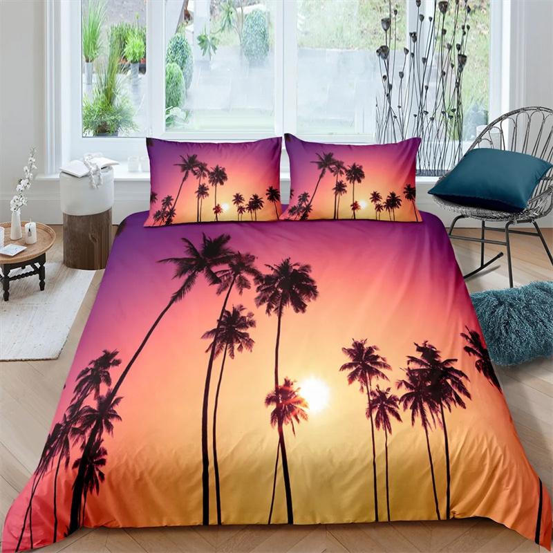 Tropical Coconut Palm Tree Duvet Cover King Queen Size Hawaii Sunset Bedding Set 3pcs Polyester Quilt Cover