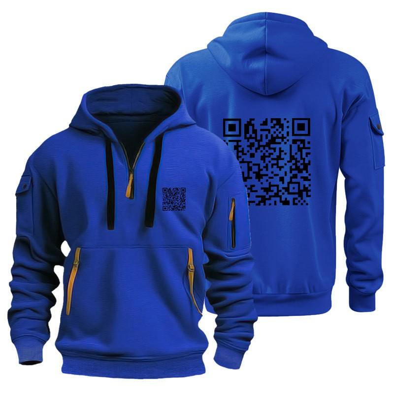 Mens Hooded Sweatshirt With QR Code Print Slim Fit Cotton Blend Pullover Casual Winter Wear