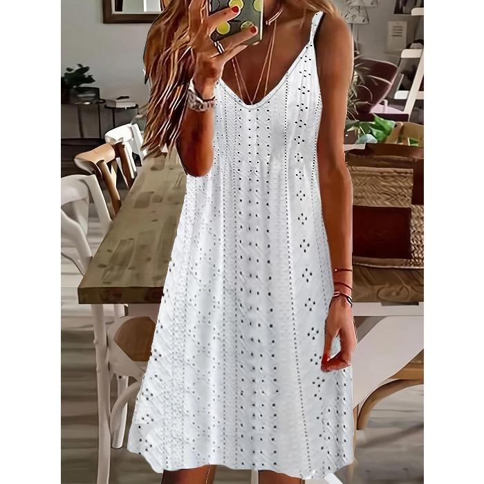 European and American women's clothing summer new hollow jacquard V-neck suspender solid color dress