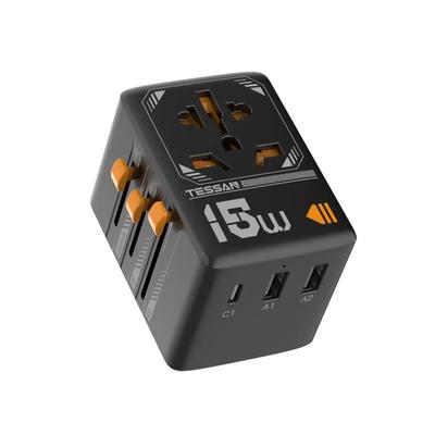 Tessan 15W International Travel Power Supply with 2 and 1 1 AC BF To Compatible with and Europe USB-A USB-C Ports, Outlet, Multi-Outlet Converter, A/C