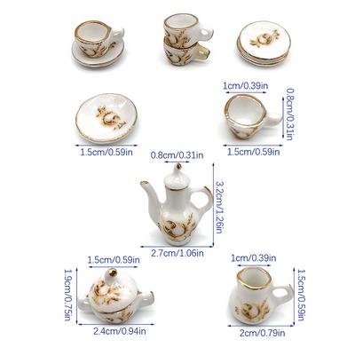11Pcs/Set 1:12 Dollhouse Miniature Ceramic Brown Rose Teapot Tea Set Wine Set Tableware Mini Tea Cup Wine Glass Model Decor Toy