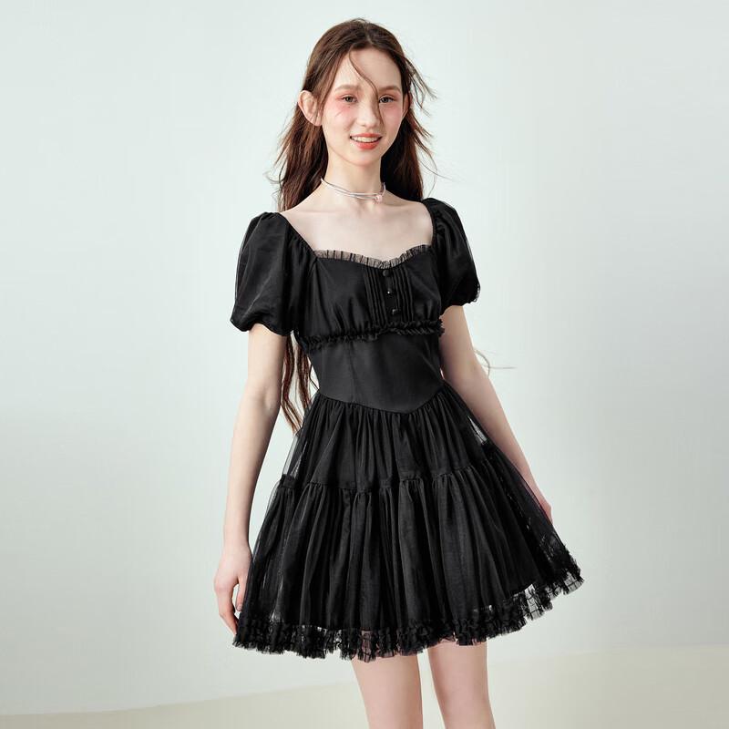 Ledian Black Mesh French Puffy Mini Dress