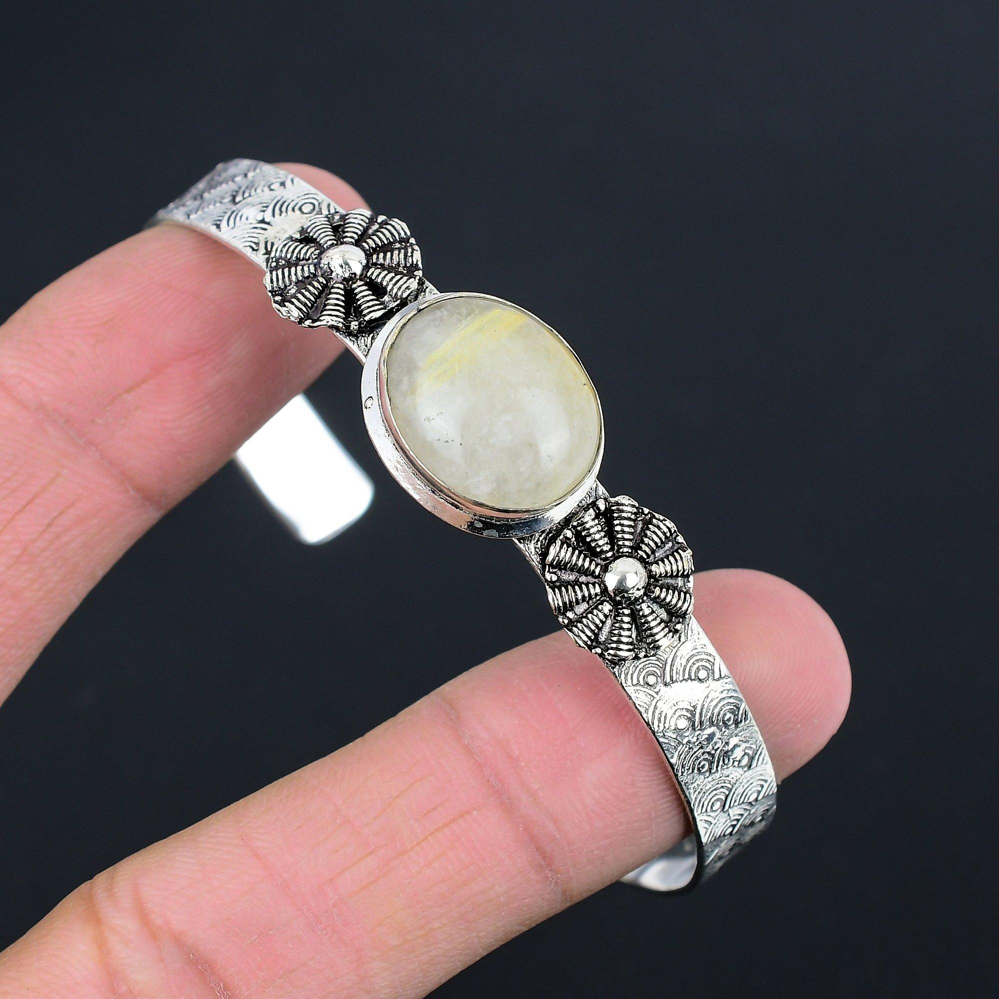 

Easter Deal Oval Natural Golden Rutile 925 Silver Birthday New Bangle Bracelet Adjustable