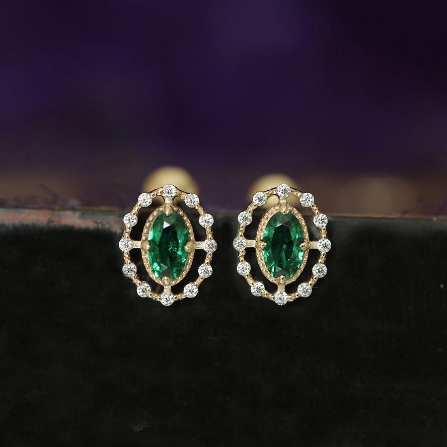 925 Sterling Silver Plated 14K Gold Retro Green Zircon Earrings for Women Exquisite Party Jewelry Gifts