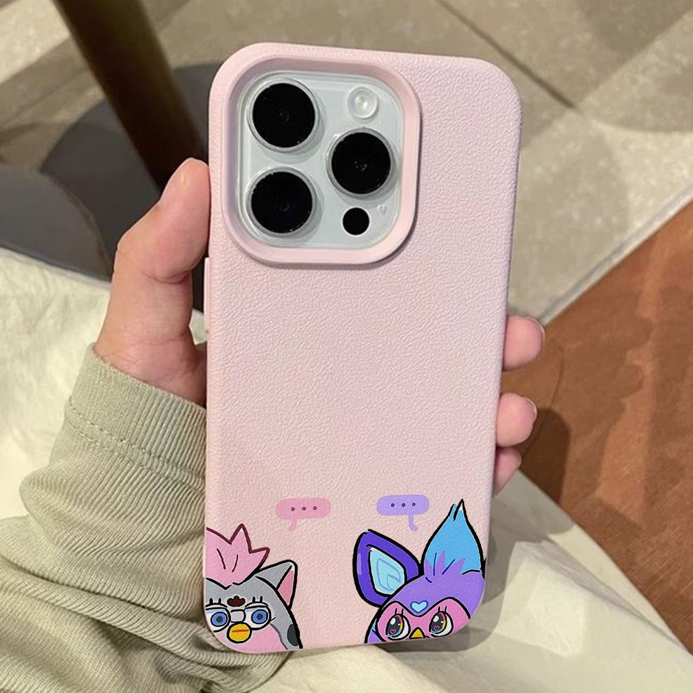 Cartoon Furbys Litschi-Leder-Muster Handyhülle Für iPhone 17 16e 16 15 14 13 12 11 Air Pro Max Plus X XR XSMax Stoßfest