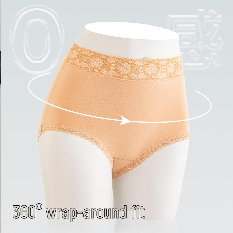 High Waist Plus Size Lace Trim Cotton Panties - Seamless, Breathable, with Abdomen Control and Antibacterial Properties.