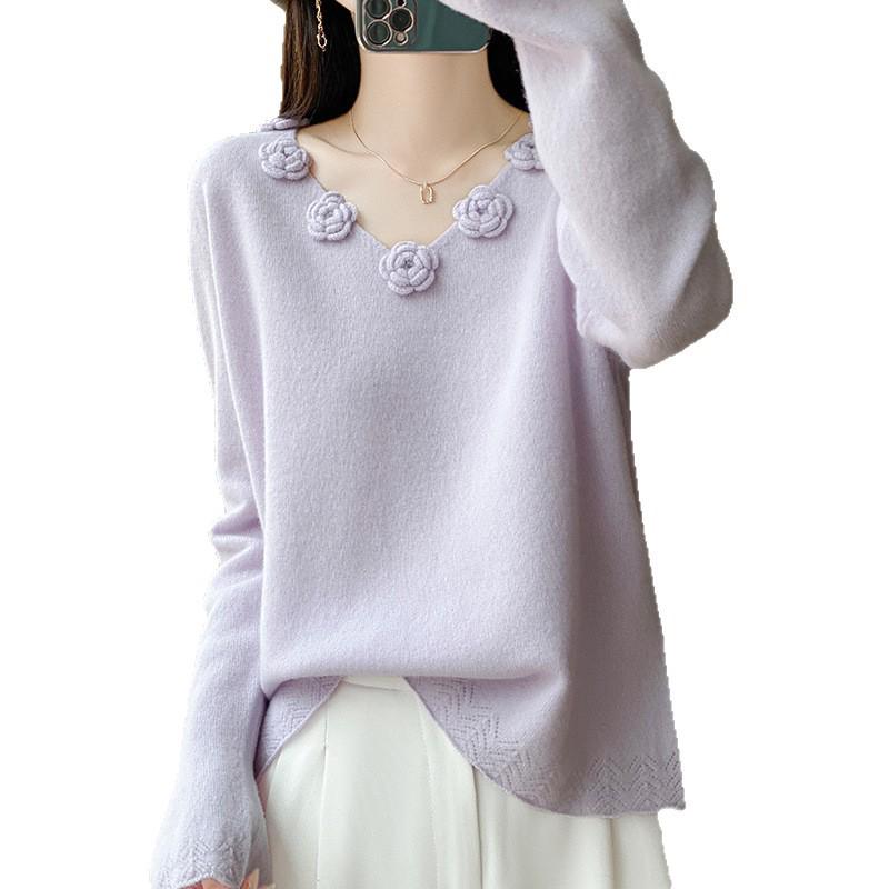Silk Wool 3D Floral Patchwork Sweater: Women's Autumn/Winter Crochet Knitwear