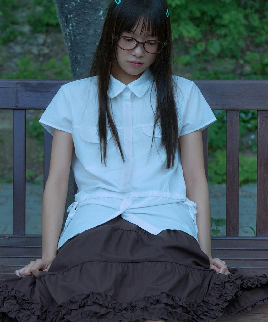 SOME PLACE Ribbon Strap String Snap Point Round Collar Short Sleeve Blouse Shirt [White]