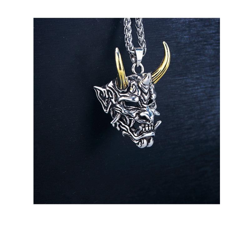 Vintage Golden Horn Hannya Ghost Mask Pendant Men Long Hip Hop Sweater Necklace