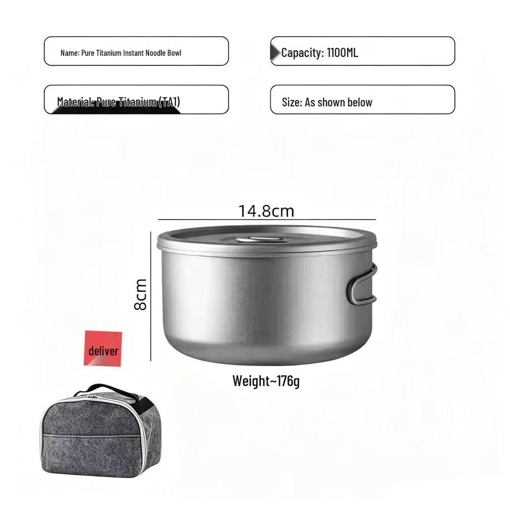 Pure Titanium Lightweight Camping Noodle Bowl & Bento Box with Lid - Picnic & Cookware Set