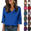 Womens 3/4 Length Sleeves Shirts V-Neck Satin Color Loose Dressy Trendy T-Shirt Pullover Blouse Tops