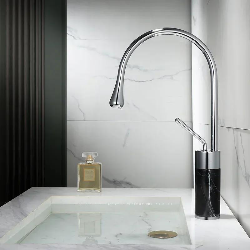 Rose Gold Bathroom Basin Faucet - Brass & Marble Mixer Tap, Hot/Cold Water for Lavatory