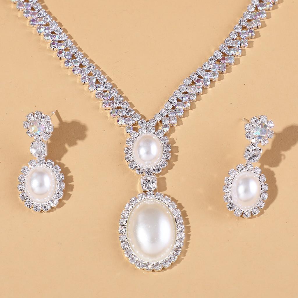 3PC Imitation Pearl Inlaid Rhinestone Women's Earrings Necklace Geometric Design Sense Wedding Party Holiday Gift