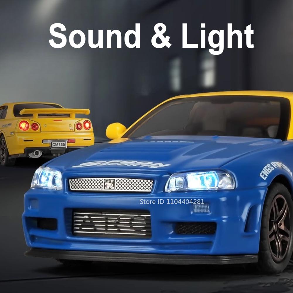 1:32 Gtr R34 R35 Toys Alloy Model Cars Diecast Metal Miniature Vehices 4 Doors Opened Sound Light Pull Back Models For Kids Gift