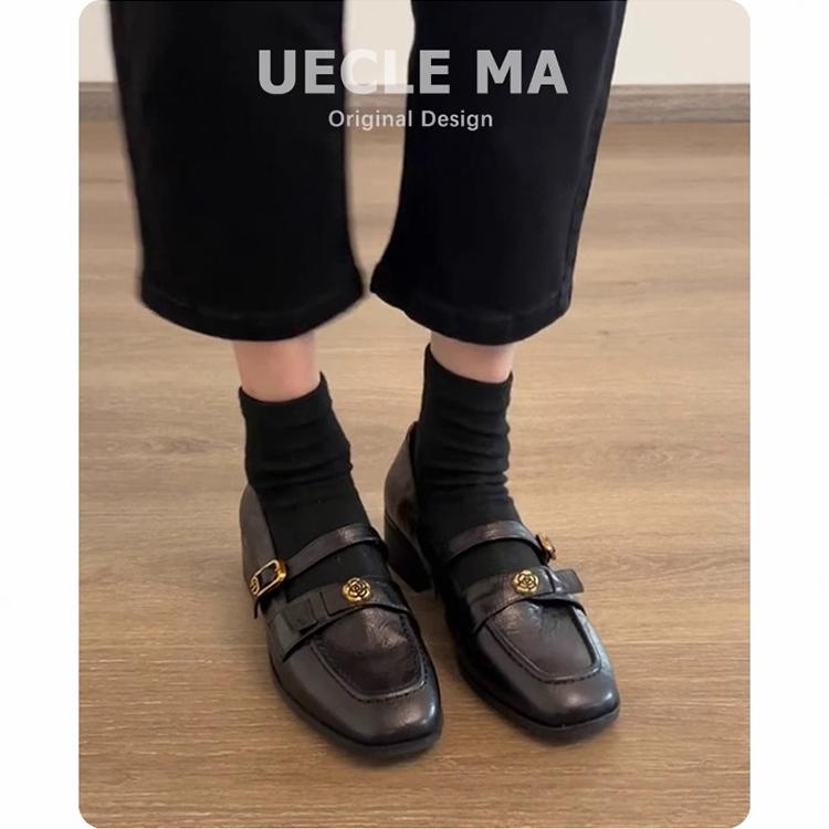 Schafsleder-Modell~ echtes Leder Retro Mary Jane Damenschuhe Ein-Wort-Schnalle mit Loafer kleine Lederschuhe mittlerer Absatz weiche Sohle Französisch einzeln sch
