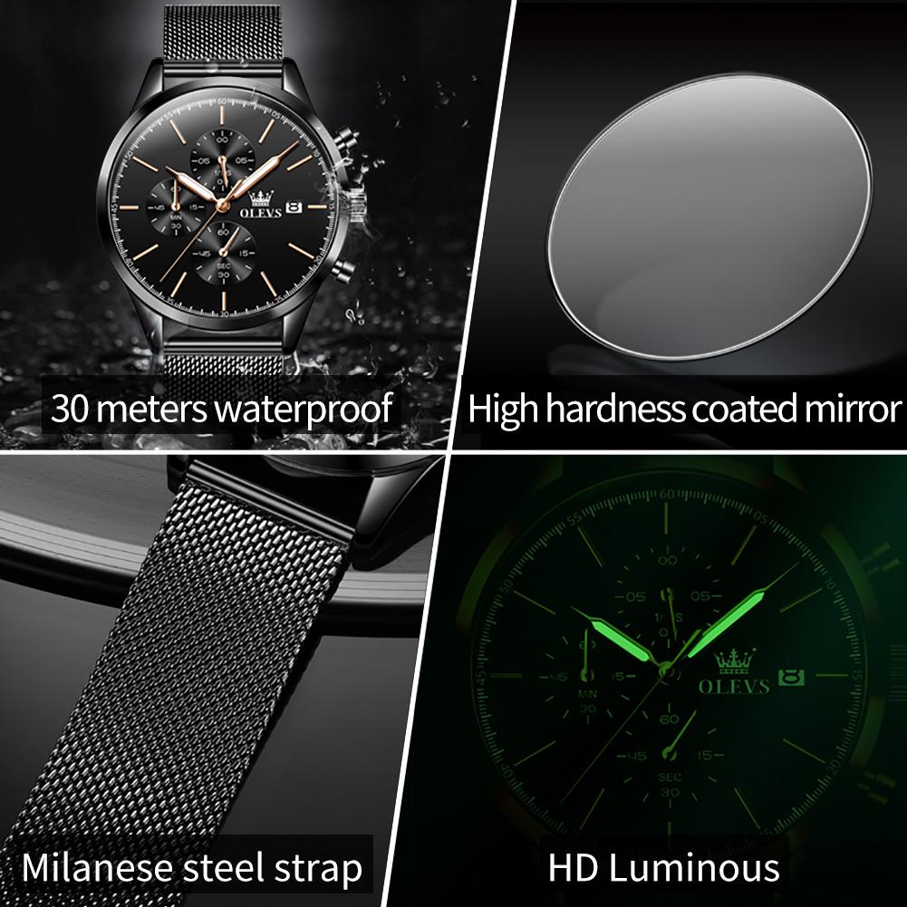 OLEVS Brand Mesh Quartz Multi functional Three eye Six pin Men's Watch 2881