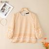 ZANZEA Women Casual Round Neck 3/4 Sleeve Loose Plaid Print Blouse