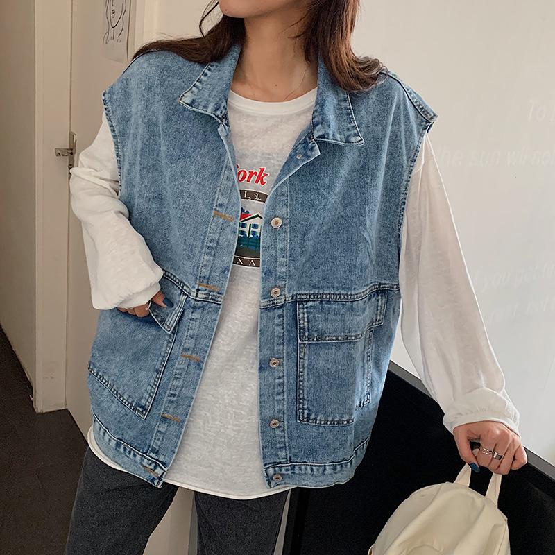 Kadın Yelek   Bahar Kot Ceket Moda Kore Harajuku Bol Üst Yelek