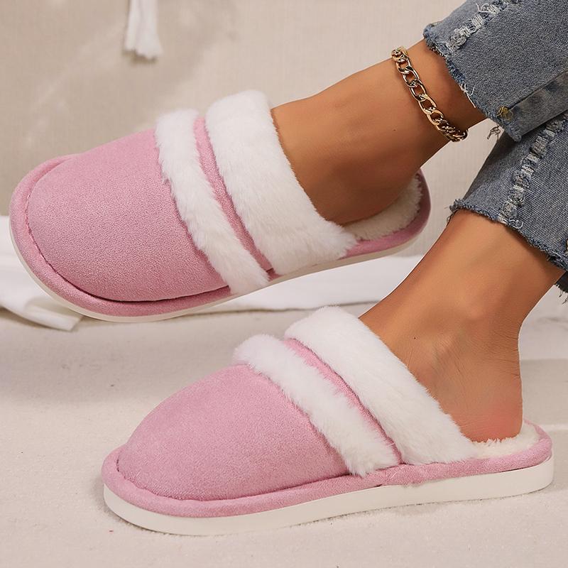 Fashion Soft Faux Fur Plush Slippers for Women Winter Chic Mix Color Warm Cotton Slides Woman Round Toe Non Slip Cotton Slippers Ladies
