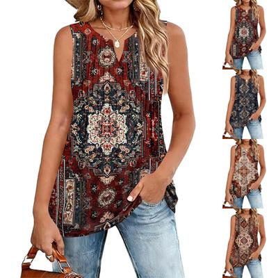 Women's New Retro Floral Striped Textured Print V-Neck Loose Casual Pleated Sleeveless Vest Top