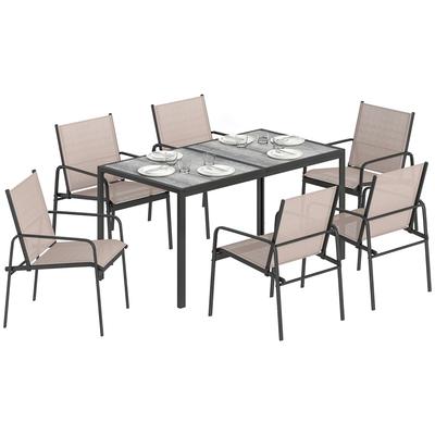 Garden Table and Chairs Set with Wood-Effect Table and 6 Chairs with Breathable Seat for Terrace Patio Khaki