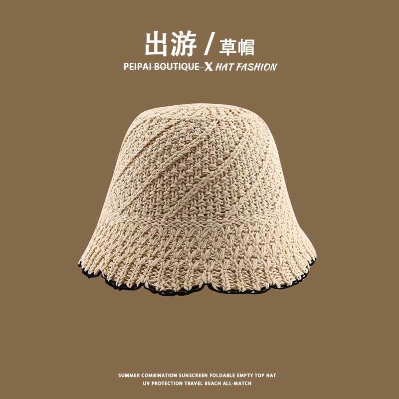 Women's Straw Hat Woven Sunshade Beach Hat Summer Hollow Breathable Bucket Hat Beach Sunshade Hat