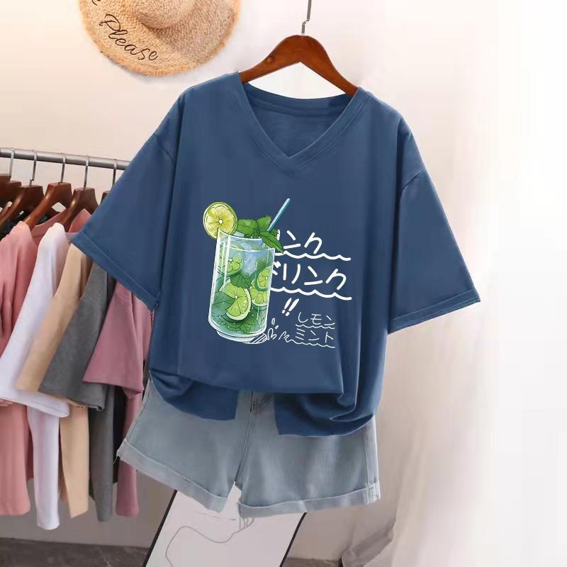 Kurzärmeliges T-Shirt für Damen Große Größe Lockeres und Schlankmachendes Design Nische Reine Baumwolle V-Ausschnitt Oberteil, das den Bauch bedeckt