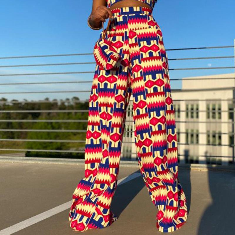 Women High Waist Straight Leg Printed Pocket Casual Trousers S