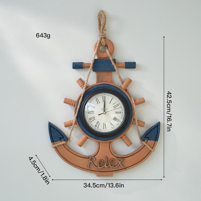 Vintage Mediterranean Ship Wheel Wall Clock - Distressed Wooden Decor for Living Room or Bar