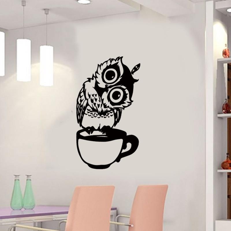 Cute Cartoon Owl On Mug Wall Stickers Coffee Decorative Decal for Kitchen Dining Room Vinyl Stickers for Coffee Bar Home Decor