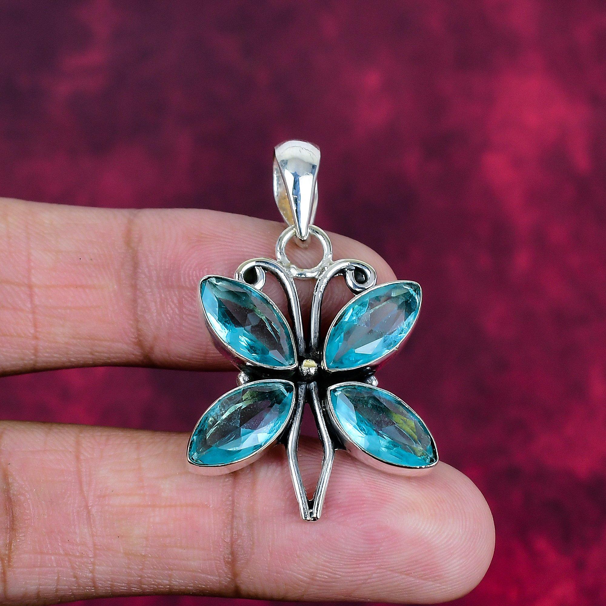 

Подвеска с голубым топазом, ювелирные изделия из цельного серебра 925 пробы с драгоценными камнями, подвеска ручной работы, на День благодарения 1.63 Inches синий